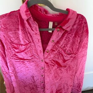 Velvet Button-Up Shirt — Hot Pink
